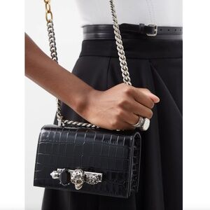 Alexander McQueen Black Croc Embossed 4- Ring Satchel with Two-Tone Chain Strap